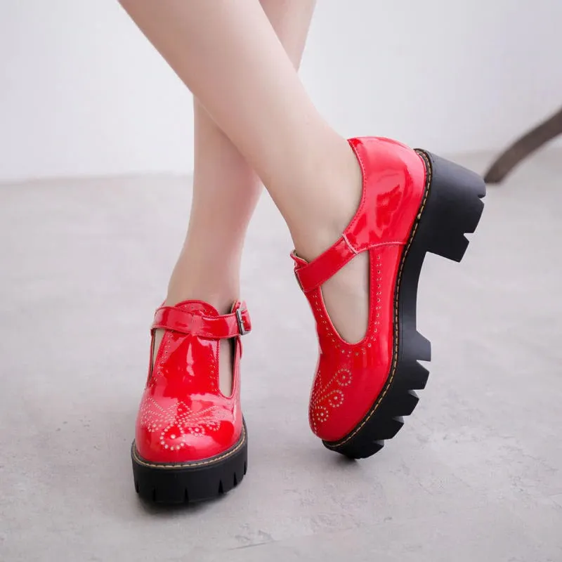 CLEARANCE / Alternative Fashion Brogue Round Toe Flats with Buckle Strap / Aesthetic Shoes